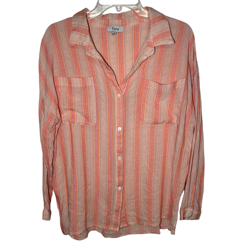 Fate Peach Striped Button Down Blouse Small Lightweight Rayon Top